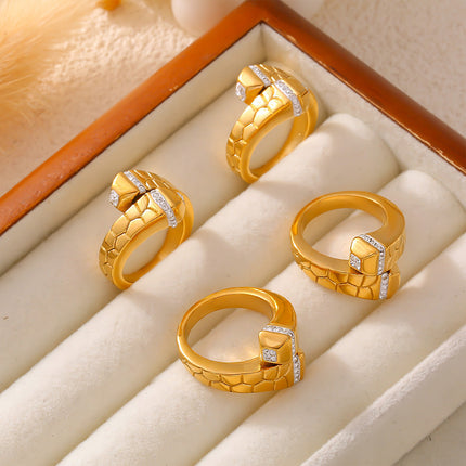 European and American INS light luxury creative stone texture inlaid rhinestone ring, titanium steel plated 18k real gold geometric open ring