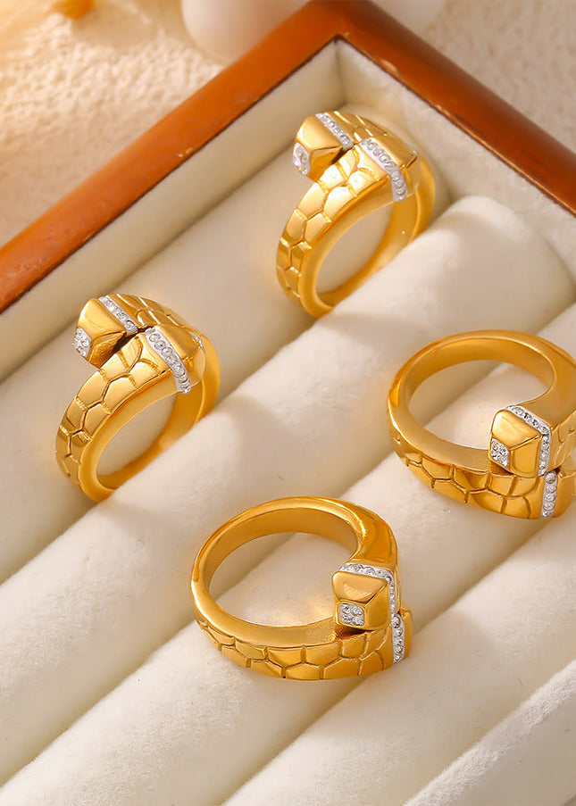 European and American INS light luxury creative stone texture inlaid rhinestone ring, titanium steel plated 18k real gold geometric open ring