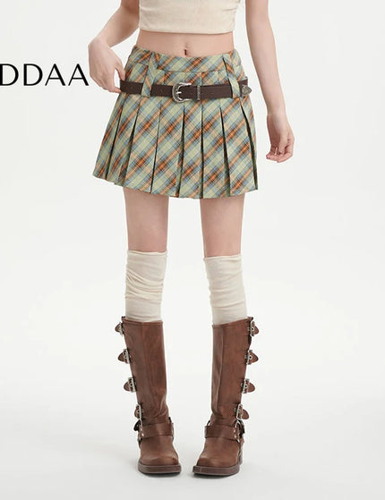 Plaid High-Waisted A-Line Pleated Skirt for Women - S / Green - Skirts