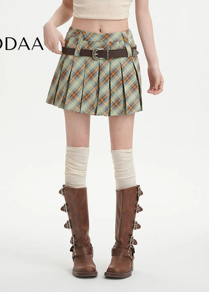 Plaid High-Waisted A-Line Pleated Skirt for Women - S / Green - Skirts