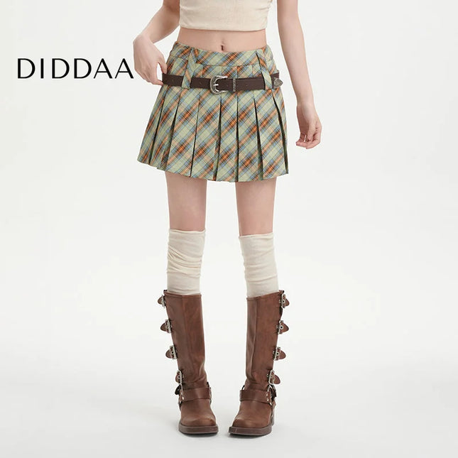 Plaid High-Waisted A-Line Pleated Skirt for Women - S / Green - Skirts