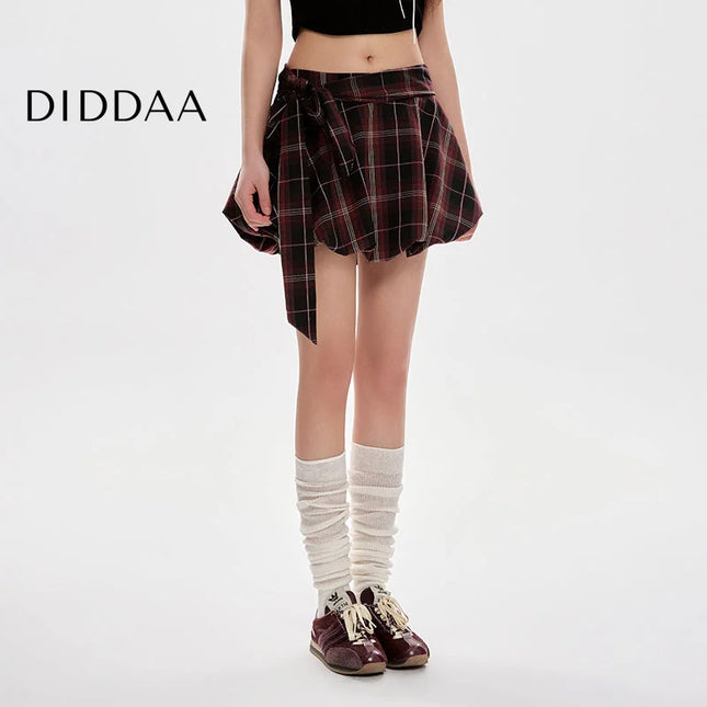 Plaid Lace-Up High-Waisted A-Line Skirt for Women - S / Red - Skirts