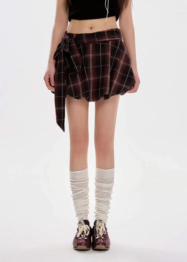Plaid Lace-Up High-Waisted A-Line Skirt for Women - Skirts