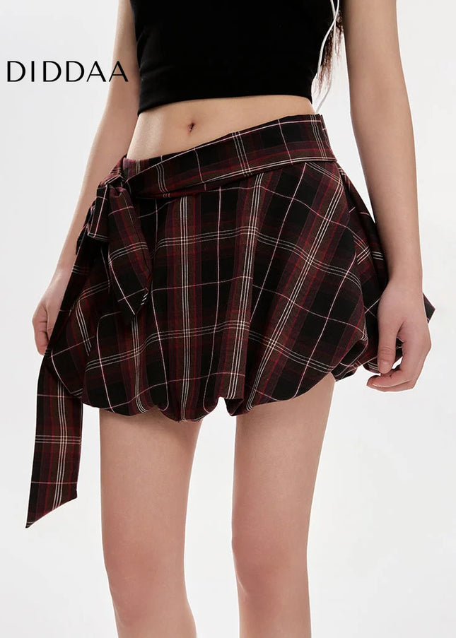 Plaid Lace-Up High-Waisted A-Line Skirt for Women - Skirts
