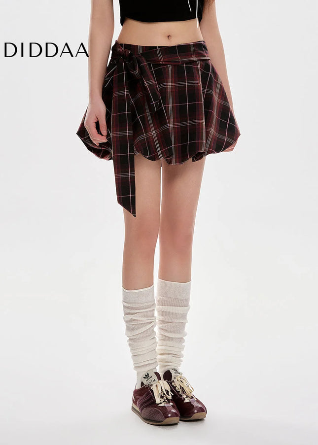 Plaid Lace-Up High-Waisted A-Line Skirt for Women - Skirts