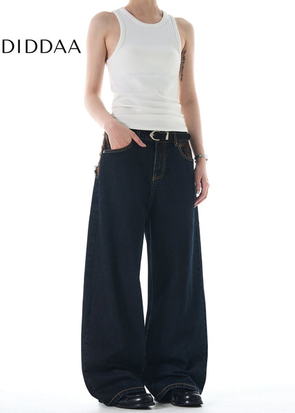 Plaid Panel Loose Fit Straight Jeans for Men and Women - Men’s Jeans