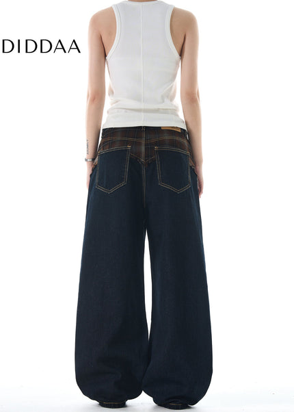 Plaid Panel Loose Fit Straight Jeans for Men and Women - Men’s Jeans