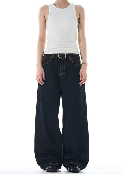 Plaid Panel Loose Fit Straight Jeans for Men and Women - Men’s Jeans