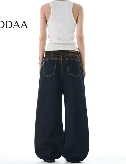 Plaid Panel Loose Fit Straight Jeans for Men and Women - S / Black - Men’s Jeans