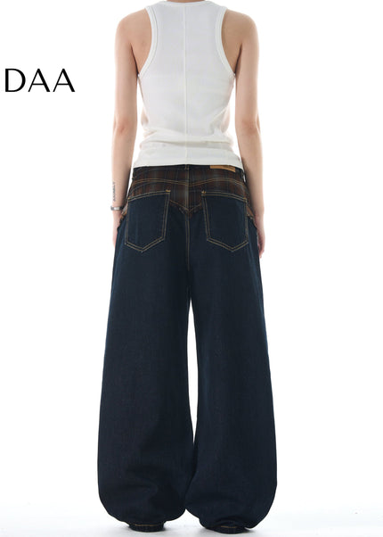 Plaid Panel Loose Fit Straight Jeans for Men and Women - S / Black - Men’s Jeans