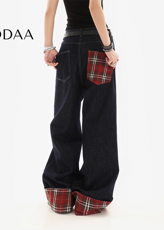 Plaid Stitched Loose Straight Wide-Leg Jeans for Women - S / Dark Blue - Women’s Jeans