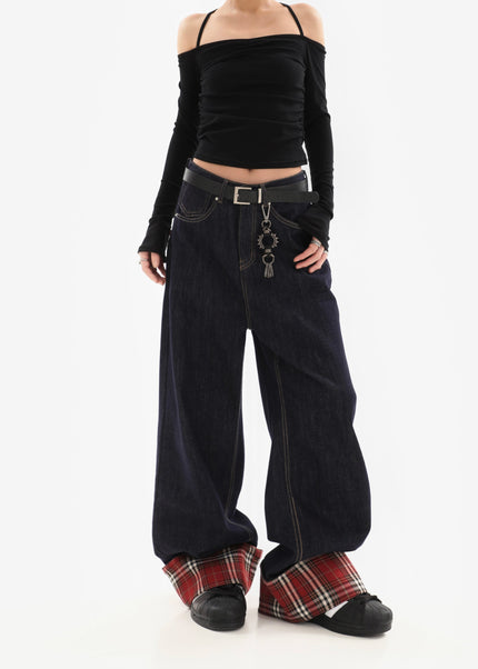 Plaid Stitched Loose Straight Wide-Leg Jeans for Women - Women’s Jeans