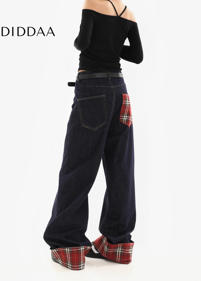 Plaid Stitched Loose Straight Wide-Leg Jeans for Women - Women’s Jeans