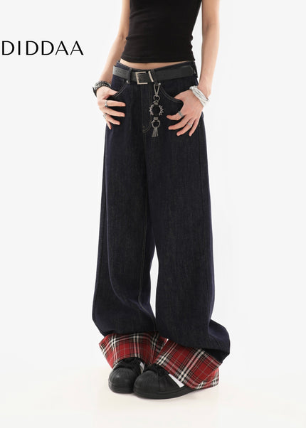 Plaid Stitched Loose Straight Wide-Leg Jeans for Women - Women’s Jeans
