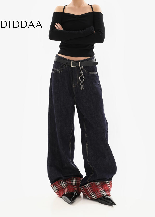 Plaid Stitched Loose Straight Wide-Leg Jeans for Women - Women’s Jeans