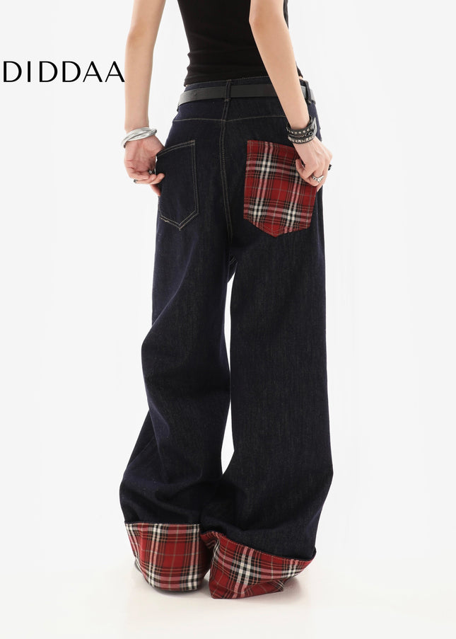 Plaid Stitched Loose Straight Wide-Leg Jeans for Women - Women’s Jeans