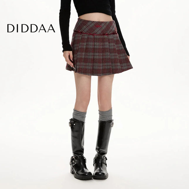 Plaid Woolen High-Waisted A-Line Skirt for Women - S / Red - Skirts