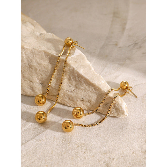 European and American 18k gold stainless steel front and rear tassel earrings fashion simple box chain round steel bead earrings stud earrings