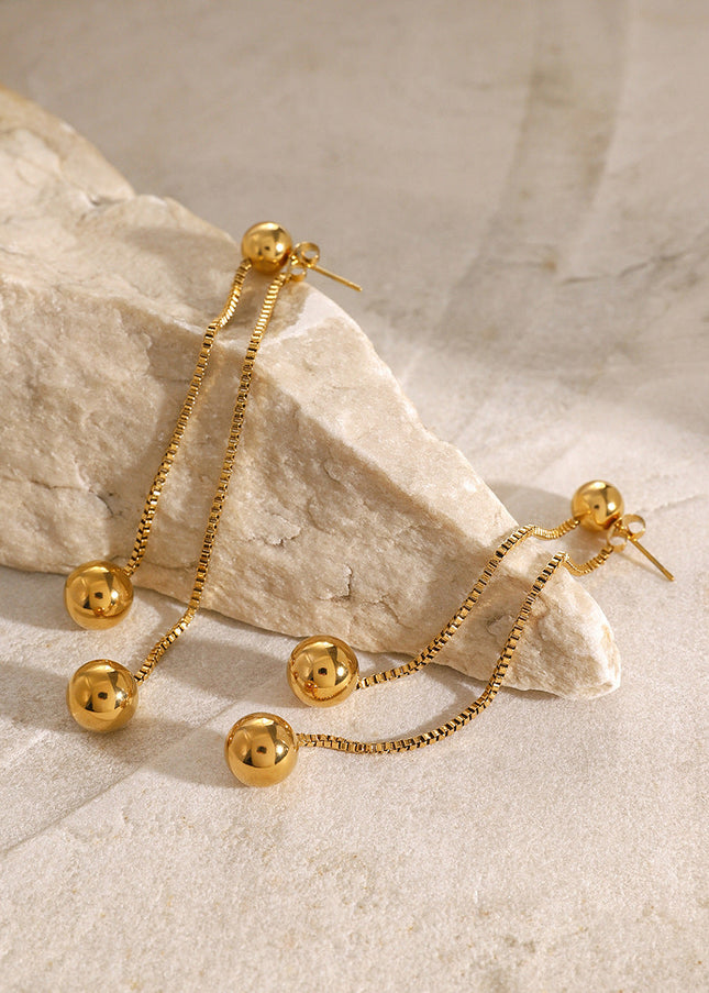 European and American 18k gold stainless steel front and rear tassel earrings fashion simple box chain round steel bead earrings stud earrings