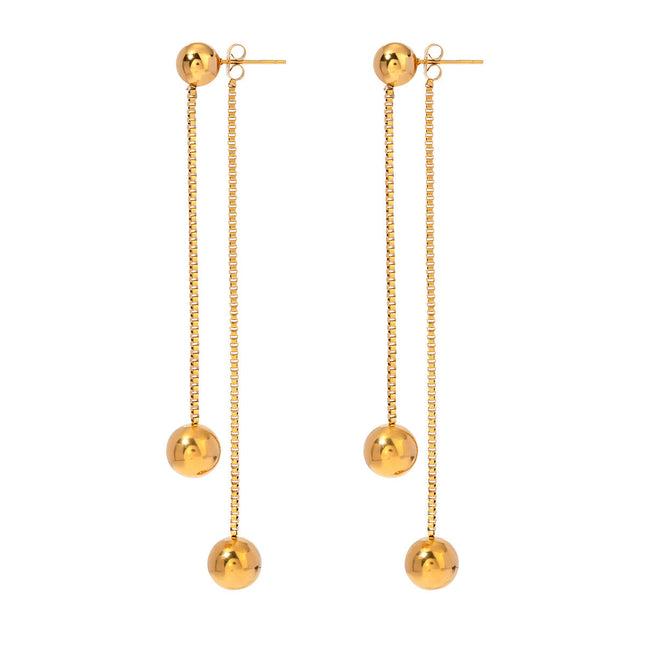 European and American 18k gold stainless steel front and rear tassel earrings fashion simple box chain round steel bead earrings stud earrings