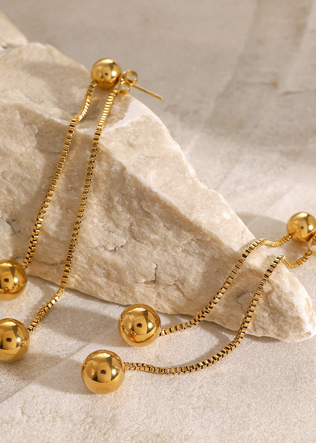 European and American 18k gold stainless steel front and rear tassel earrings fashion simple box chain round steel bead earrings stud earrings