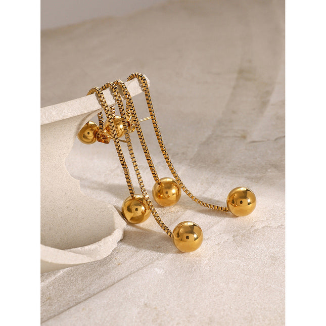 European and American 18k gold stainless steel front and rear tassel earrings fashion simple box chain round steel bead earrings stud earrings