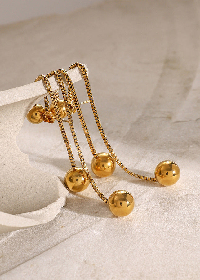 European and American 18k gold stainless steel front and rear tassel earrings fashion simple box chain round steel bead earrings stud earrings