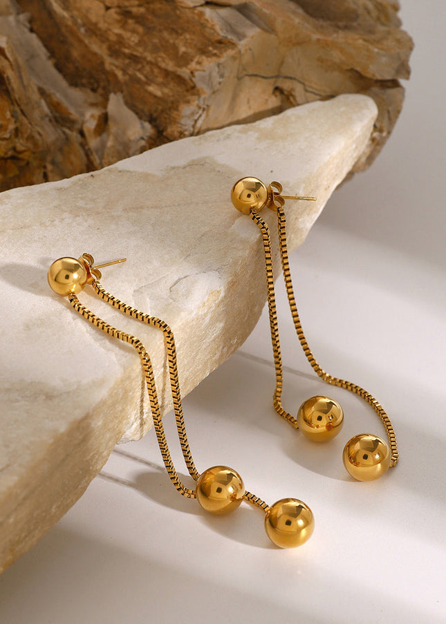 European and American 18k gold stainless steel front and rear tassel earrings fashion simple box chain round steel bead earrings stud earrings