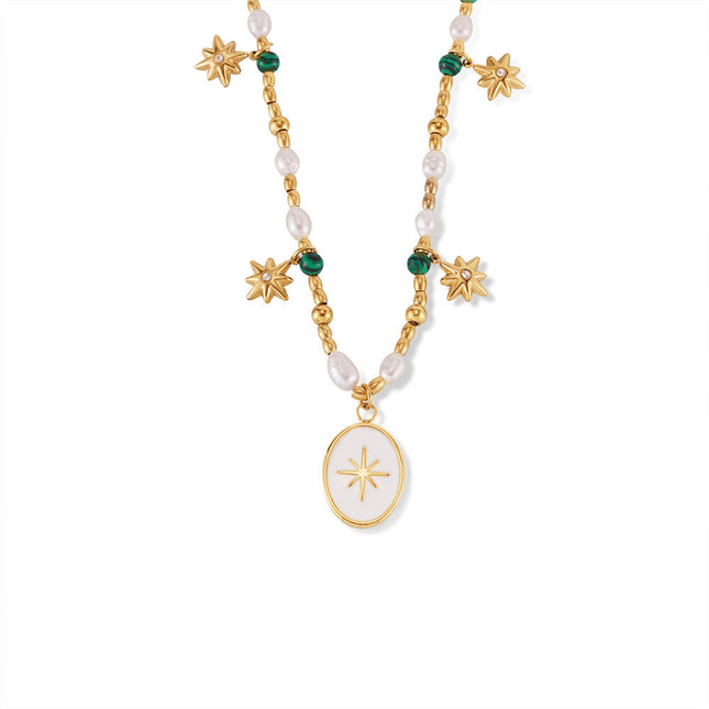 French simple elegance freshwater pearl beaded ornament coin drip oil pendant eight-pointed star titanium steel necklace