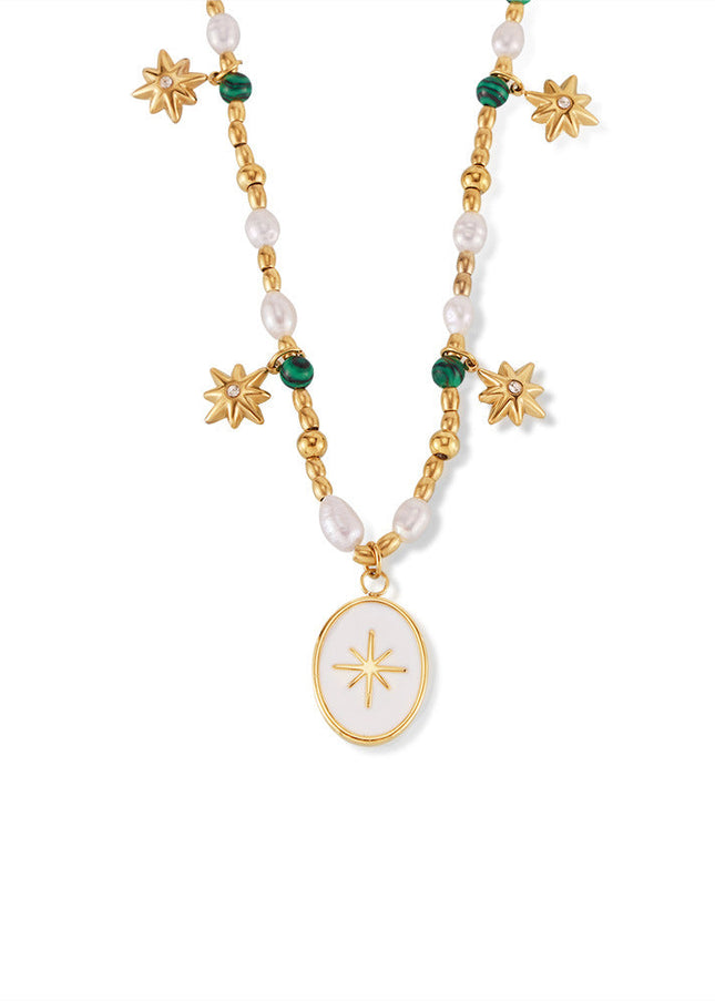 French simple elegance freshwater pearl beaded ornament coin drip oil pendant eight-pointed star titanium steel necklace