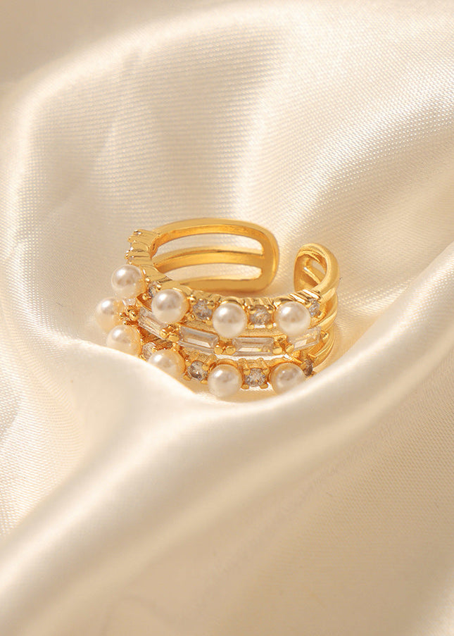 European and American new light luxury retro copper material inlaid with zircon imitation pearl geometric personality ring fashion jewelry women