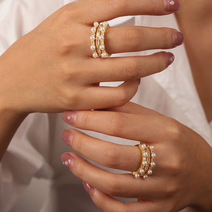 European and American new light luxury retro copper material inlaid with zircon imitation pearl geometric personality ring fashion jewelry women