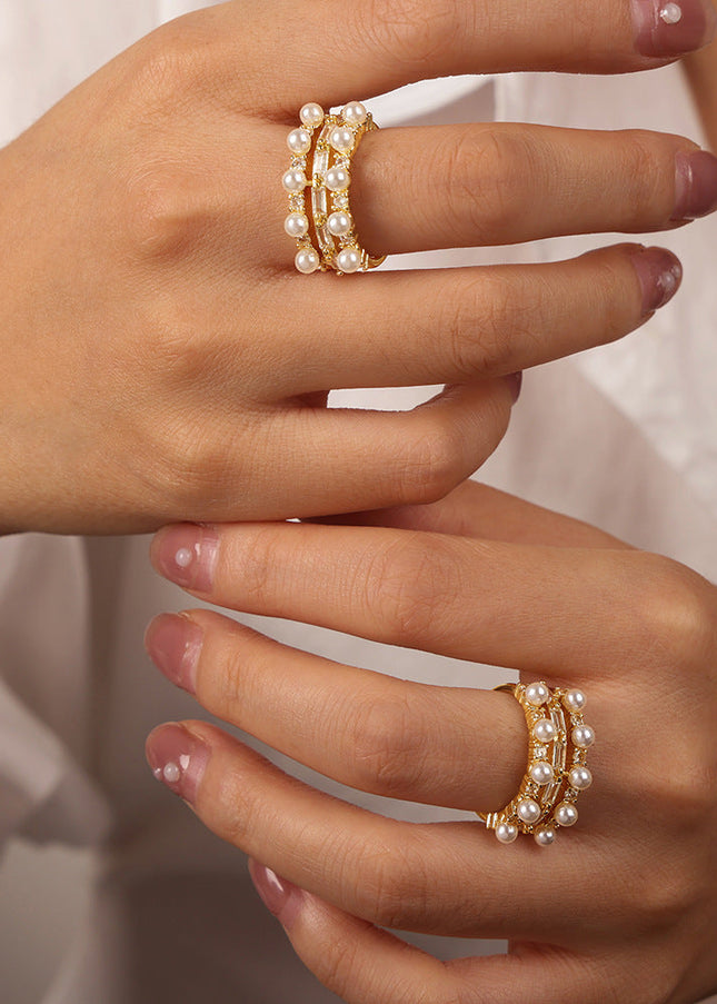 European and American new light luxury retro copper material inlaid with zircon imitation pearl geometric personality ring fashion jewelry women