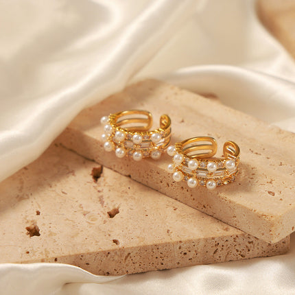 European and American new light luxury retro copper material inlaid with zircon imitation pearl geometric personality ring fashion jewelry women