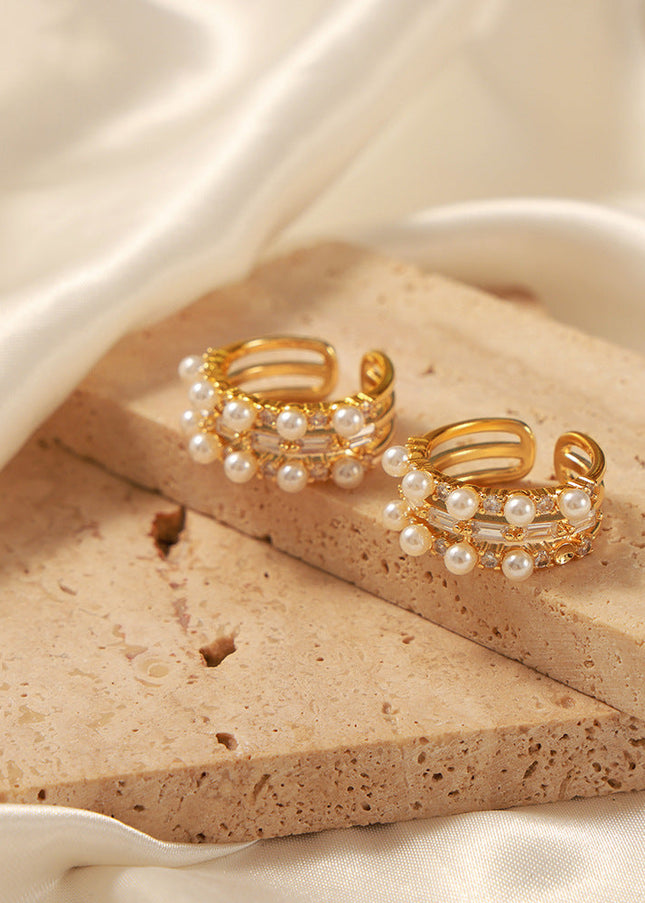 European and American new light luxury retro copper material inlaid with zircon imitation pearl geometric personality ring fashion jewelry women