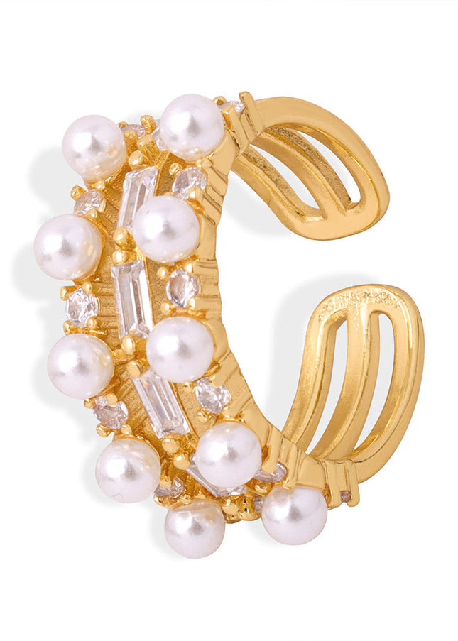 European and American new light luxury retro copper material inlaid with zircon imitation pearl geometric personality ring fashion jewelry women