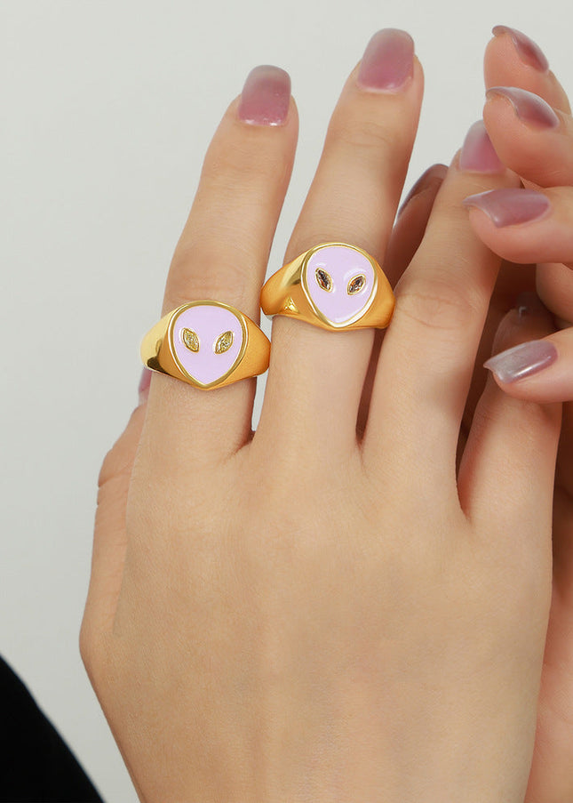 European and American cross-border new personality niche design copper material alien face enamel glaze open ring jewelry women