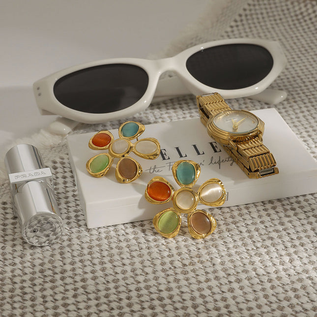 Jieding European and American titanium steel stud earrings, light luxury, high-end opal earrings, resort style cross-border stainless steel jewelry