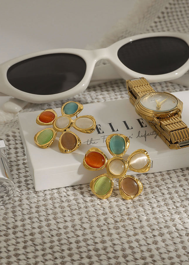 Jieding European and American titanium steel stud earrings, light luxury, high-end opal earrings, resort style cross-border stainless steel jewelry