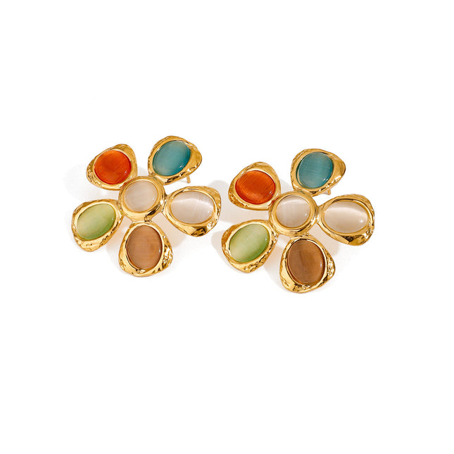 Jieding European and American titanium steel stud earrings, light luxury, high-end opal earrings, resort style cross-border stainless steel jewelry