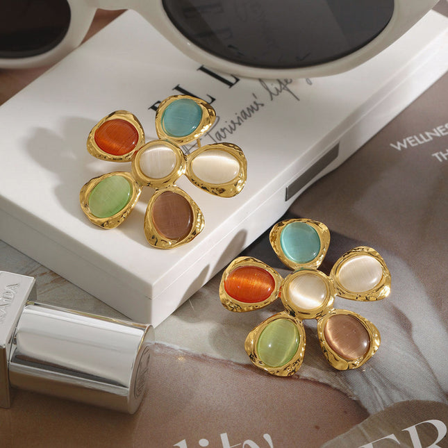 Jieding European and American titanium steel stud earrings, light luxury, high-end opal earrings, resort style cross-border stainless steel jewelry