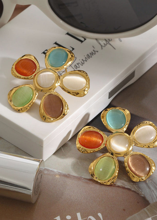 Jieding European and American titanium steel stud earrings, light luxury, high-end opal earrings, resort style cross-border stainless steel jewelry