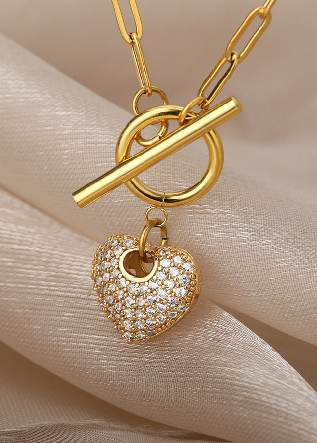 Poule Pendant Necklace | Gold Zirconia Love Heart Chain - Gold - Necklaces