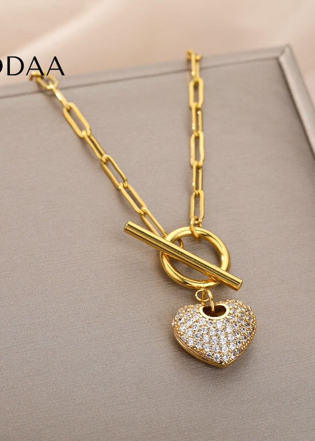 Poule Pendant Necklace | Gold Zirconia Love Heart Chain - Gold - Necklaces