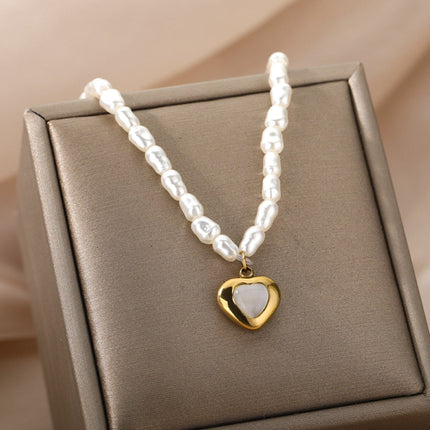 Pristine Pendant Necklace | Gold Pearl Cute Love Heart Chain - Gold - Necklaces