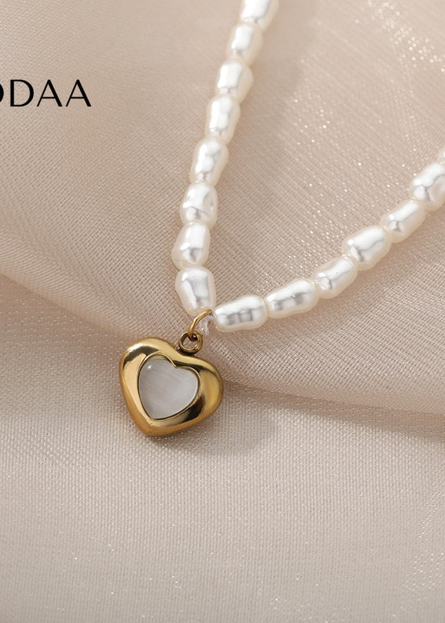 Pristine Pendant Necklace | Gold Pearl Cute Love Heart Chain - Gold - Necklaces