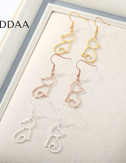 Kitty Earrings | Gold Cat Animal Drop Earrings - Silver - Earrings