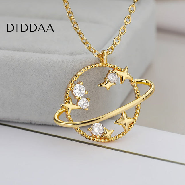 Clauve Pendant Necklace | Gold Zirconia Planet Chain - Necklaces