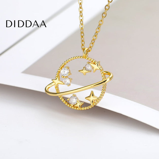 Clauve Pendant Necklace | Gold Zirconia Planet Chain - Necklaces