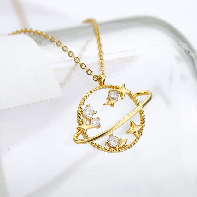 Clauve Pendant Necklace | Gold Zirconia Planet Chain - Gold - Necklaces